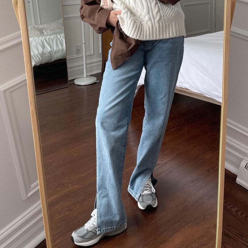 Light wash high waisted denim with ankle slit